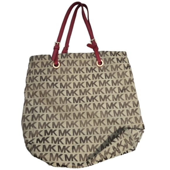 Michael Kors Red Handle Canvas Tote Bag Jet Set Messenger - Picture 2 of 9